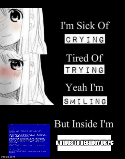 im sick of crying bla | A VIRUS TO DESTROY UR PC | image tagged in im sick of crying bla | made w/ Imgflip meme maker