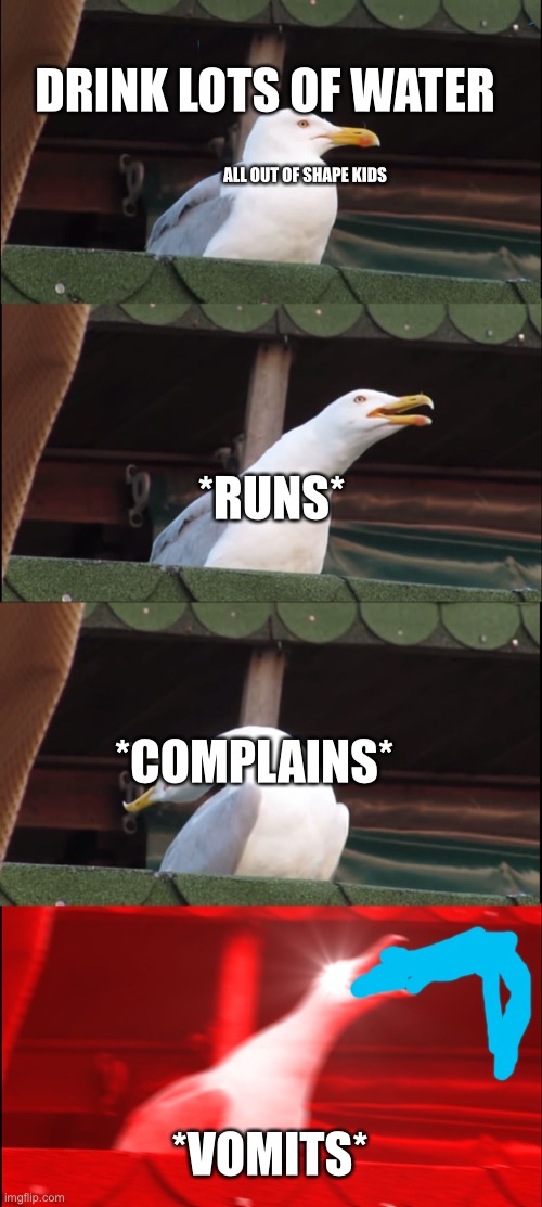 Inhaling Seagull Meme | DRINK LOTS OF WATER; ALL OUT OF SHAPE KIDS; *RUNS*; *COMPLAINS*; *VOMITS* | image tagged in memes,inhaling seagull | made w/ Imgflip meme maker