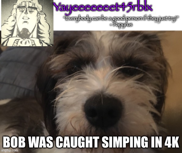 *says something completely random again* | BOB WAS CAUGHT SIMPING IN 4K | image tagged in yayeeeeeeet45rblx announcement | made w/ Imgflip meme maker