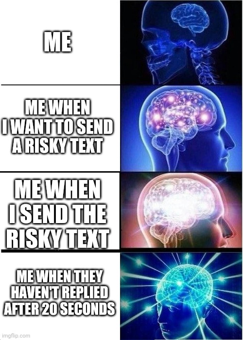 Overthinking ahhh | ME; ME WHEN I WANT TO SEND A RISKY TEXT; ME WHEN I SEND THE RISKY TEXT; ME WHEN THEY HAVEN'T REPLIED AFTER 20 SECONDS | image tagged in memes,expanding brain | made w/ Imgflip meme maker