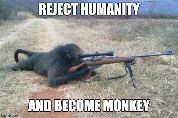 MONKEY WE ARE, MONKEY STAND TOGETHER. | REJECT HUMANITY; AND BECOME MONKEY | image tagged in sniper monkey,rejection,humanity,become,monkey | made w/ Imgflip meme maker