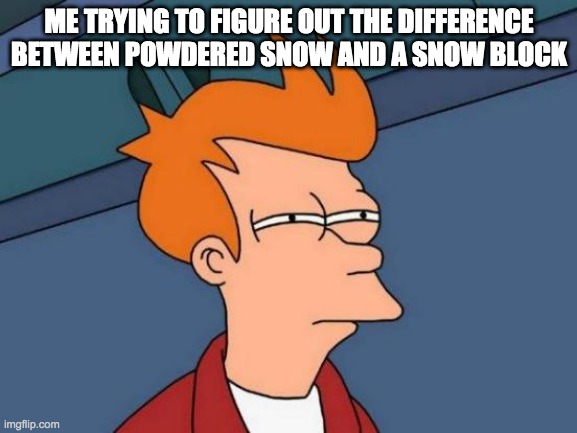 hmmmmm | ME TRYING TO FIGURE OUT THE DIFFERENCE BETWEEN POWDERED SNOW AND A SNOW BLOCK | image tagged in memes,futurama fry | made w/ Imgflip meme maker