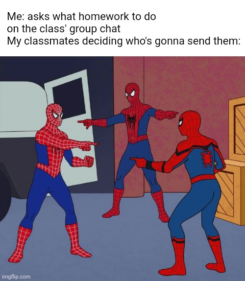 Come on, I just wanna know what homework I have to do | Me: asks what homework to do on the class' group chat
My classmates deciding who's gonna send them: | image tagged in spider man triple,homework,school,chat,group chats | made w/ Imgflip meme maker