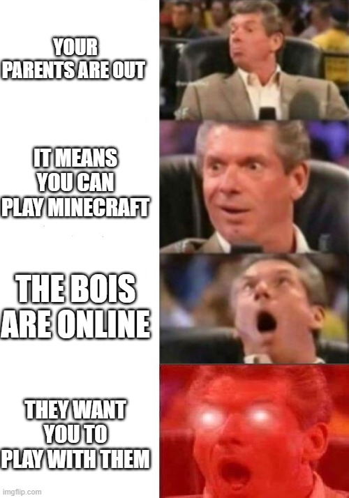 minecraft | YOUR PARENTS ARE OUT; IT MEANS YOU CAN PLAY MINECRAFT; THE BOIS ARE ONLINE; THEY WANT YOU TO PLAY WITH THEM | image tagged in mr mcmahon reaction,minecraft,boi,memes | made w/ Imgflip meme maker