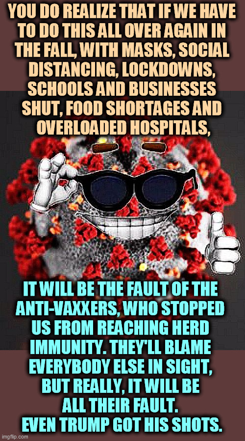 Ooooooo, let's do it again! | YOU DO REALIZE THAT IF WE HAVE 

TO DO THIS ALL OVER AGAIN IN 
THE FALL, WITH MASKS, SOCIAL 
DISTANCING, LOCKDOWNS, 
SCHOOLS AND BUSINESSES 
SHUT, FOOD SHORTAGES AND 
OVERLOADED HOSPITALS, IT WILL BE THE FAULT OF THE 
ANTI-VAXXERS, WHO STOPPED 
US FROM REACHING HERD 
IMMUNITY. THEY'LL BLAME 
EVERYBODY ELSE IN SIGHT, 
BUT REALLY, IT WILL BE 
ALL THEIR FAULT. 
EVEN TRUMP GOT HIS SHOTS. | image tagged in covid virus smile,second,wave,covid-19,anti vax,fault | made w/ Imgflip meme maker