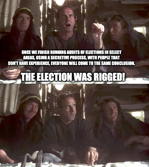 Election 2020 Audits | ONCE WE FINISH RUNNING AUDITS OF ELECTIONS IN SELECT AREAS, USING A SECRETIVE PROCESS, WITH PEOPLE THAT DON'T HAVE EXPERIENCE, EVERYONE WILL COME TO THE SAME CONCLUSION. THE ELECTION WAS RIGGED! | image tagged in election 2020,audit,cyber ninjas | made w/ Imgflip meme maker