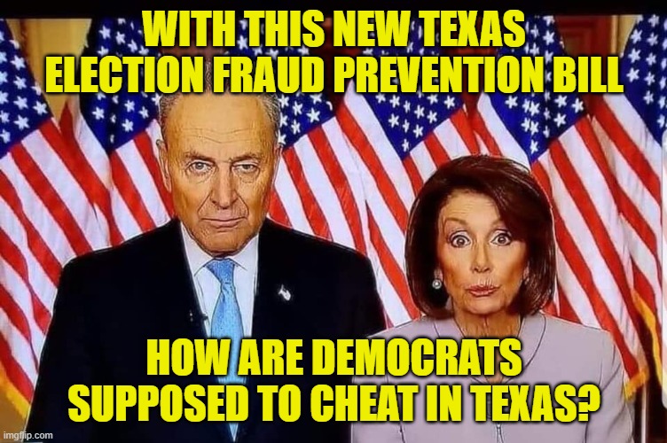 Chuck and Nancy | WITH THIS NEW TEXAS ELECTION FRAUD PREVENTION BILL; HOW ARE DEMOCRATS SUPPOSED TO CHEAT IN TEXAS? | image tagged in chuck and nancy | made w/ Imgflip meme maker