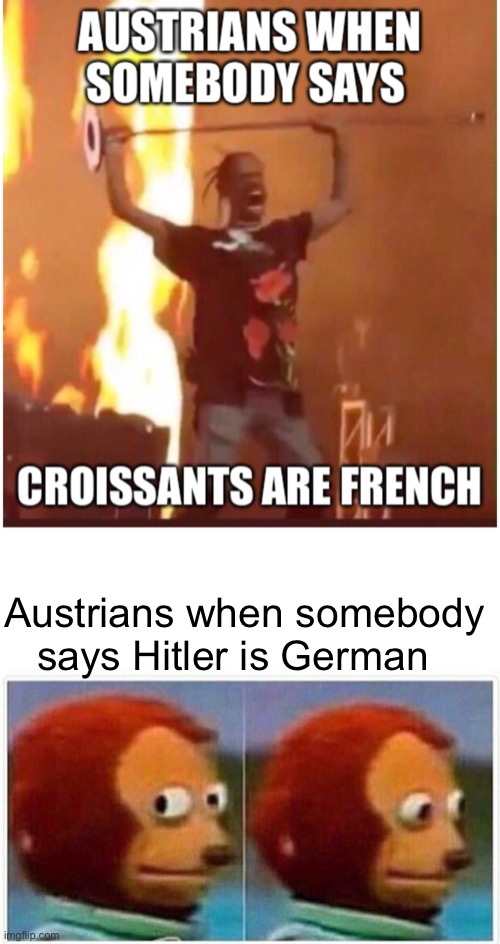 Austrians when somebody says Hitler is German | image tagged in memes,monkey puppet,travis scott | made w/ Imgflip meme maker