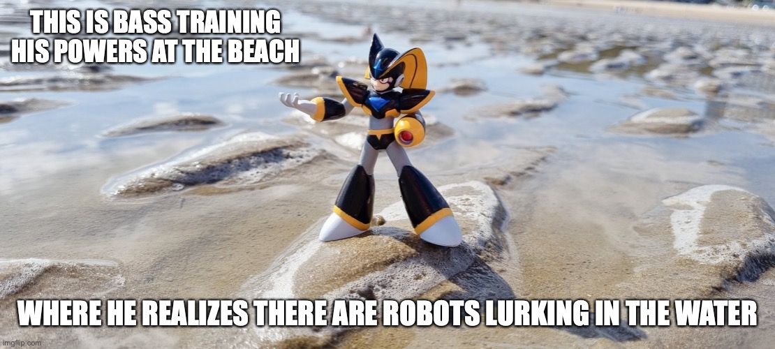 Bass at the Beach | THIS IS BASS TRAINING HIS POWERS AT THE BEACH; WHERE HE REALIZES THERE ARE ROBOTS LURKING IN THE WATER | image tagged in bass,megaman,memes | made w/ Imgflip meme maker