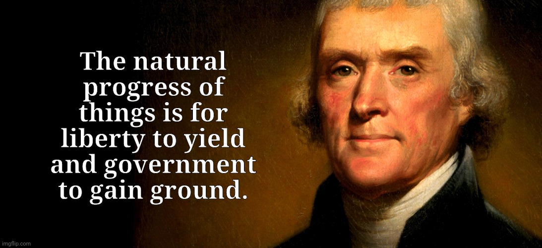 Thomas Jefferson | The natural progress of things is for liberty to yield and government to gain ground. | image tagged in thomas jefferson | made w/ Imgflip meme maker