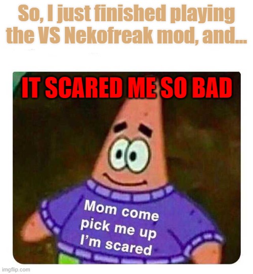 Welp, there goes my chances of getting any sleep tonight | So, I just finished playing the VS Nekofreak mod, and... IT SCARED ME SO BAD | image tagged in fnf,vs nekofreak | made w/ Imgflip meme maker