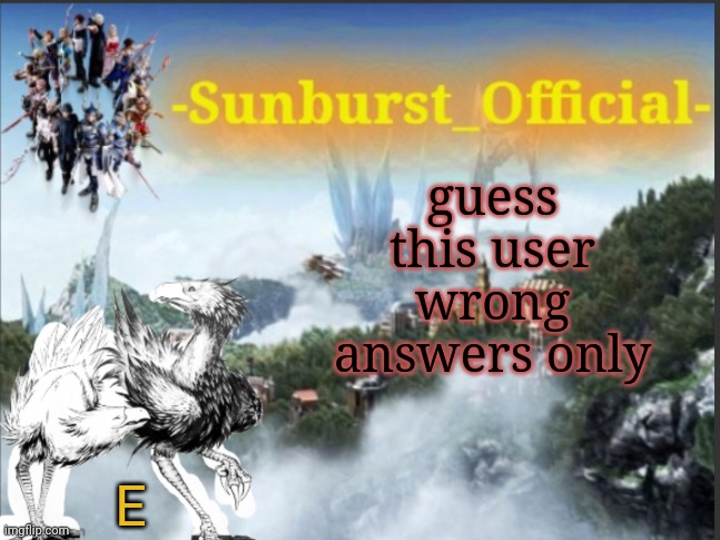 Sunburst’s Chocobo Template | guess this user wrong answers only; E | image tagged in sunburst s chocobo template | made w/ Imgflip meme maker