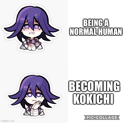 Me | BEING A NORMAL HUMAN; BECOMING KOKICHI | image tagged in kokichi drake template | made w/ Imgflip meme maker