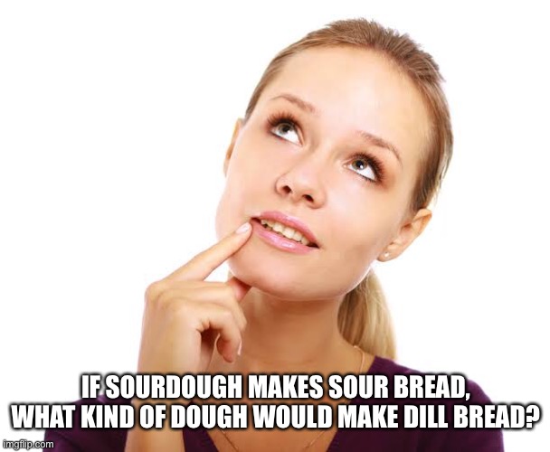 IF SOURDOUGH MAKES SOUR BREAD, WHAT KIND OF DOUGH WOULD MAKE DILL BREAD? | image tagged in pondering woman,innuendo | made w/ Imgflip meme maker