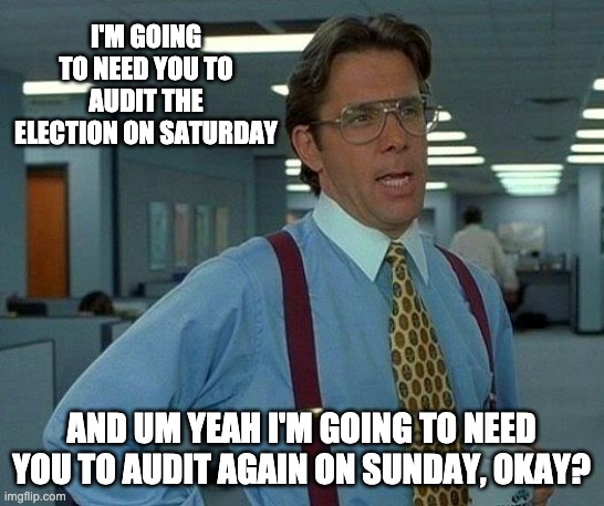 That Would Be Great Meme | I'M GOING TO NEED YOU TO AUDIT THE ELECTION ON SATURDAY AND UM YEAH I'M GOING TO NEED YOU TO AUDIT AGAIN ON SUNDAY, OKAY? | image tagged in memes,that would be great | made w/ Imgflip meme maker