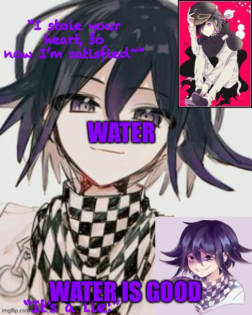 Kokichi furry template but more Kokichi | WATER; WATER IS GOOD | image tagged in kokichi furry template but more kokichi | made w/ Imgflip meme maker
