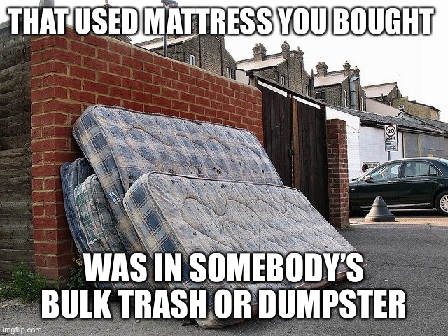 Re-Used mattress | THAT USED MATTRESS YOU BOUGHT; WAS IN SOMEBODY’S BULK TRASH OR DUMPSTER | image tagged in funny | made w/ Imgflip meme maker