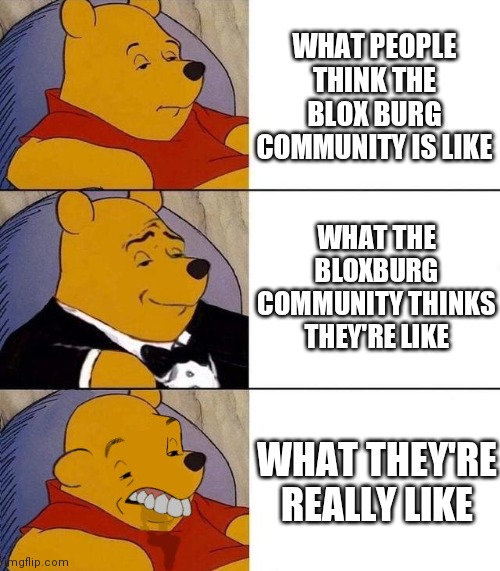 Best,Better, Blurst | WHAT PEOPLE THINK THE BLOX BURG COMMUNITY IS LIKE; WHAT THE BLOXBURG COMMUNITY THINKS THEY'RE LIKE; WHAT THEY'RE REALLY LIKE | image tagged in best better blurst | made w/ Imgflip meme maker