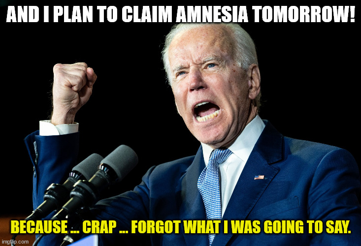 Joe Biden - Nap Times for EVERYONE! | AND I PLAN TO CLAIM AMNESIA TOMORROW! BECAUSE ... CRAP ... FORGOT WHAT I WAS GOING TO SAY. | image tagged in joe biden - nap times for everyone | made w/ Imgflip meme maker