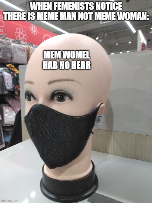 Mem | WHEN FEMENISTS NOTICE THERE IS MEME MAN NOT MEME WOMAN:; MEM WOMEL HAB NO HERR | image tagged in feminist | made w/ Imgflip meme maker