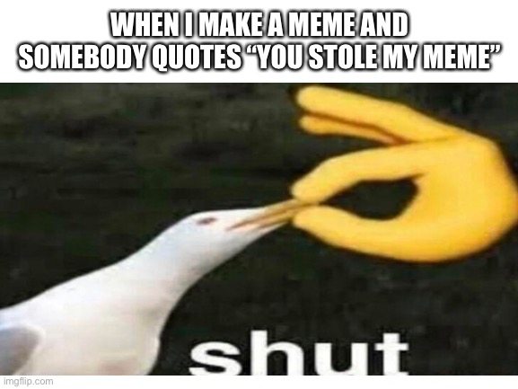 Don’t say it in the comments | WHEN I MAKE A MEME AND SOMEBODY QUOTES “YOU STOLE MY MEME” | image tagged in shut,comment | made w/ Imgflip meme maker