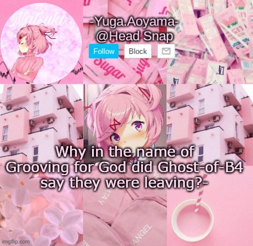 Natsuki temp | Why in the name of Grooving for God did Ghost-of-B4 say they were leaving?- | image tagged in natsuki temp | made w/ Imgflip meme maker