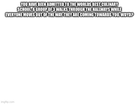 Any Oc’s are Allowed but mean ocs would work good. | YOU HAVE BEEN ADMITTED TO THE WORLDS BEST CULINARY SCHOOL. A GROUP OF 3 WALKS THROUGH THE HALLWAYS WHILE EVERYONE MOVES OUT OF THE WAY. THEY ARE COMING TOWARDS YOU. WDYD? | image tagged in blank white template | made w/ Imgflip meme maker