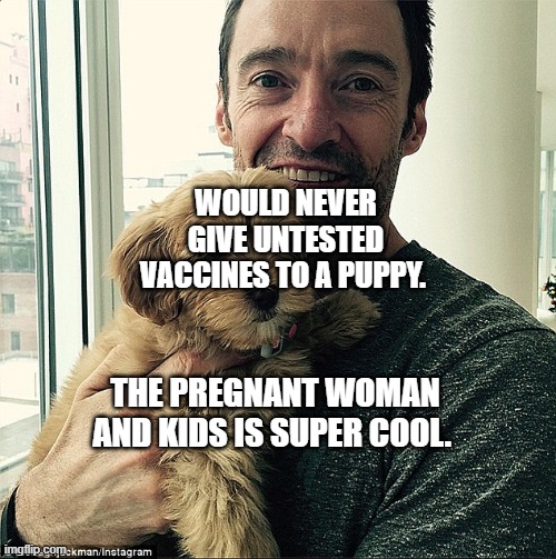 Hugh Jackman with a puppy | WOULD NEVER GIVE UNTESTED VACCINES TO A PUPPY. THE PREGNANT WOMAN AND KIDS IS SUPER COOL. | image tagged in hugh jackman with a puppy | made w/ Imgflip meme maker