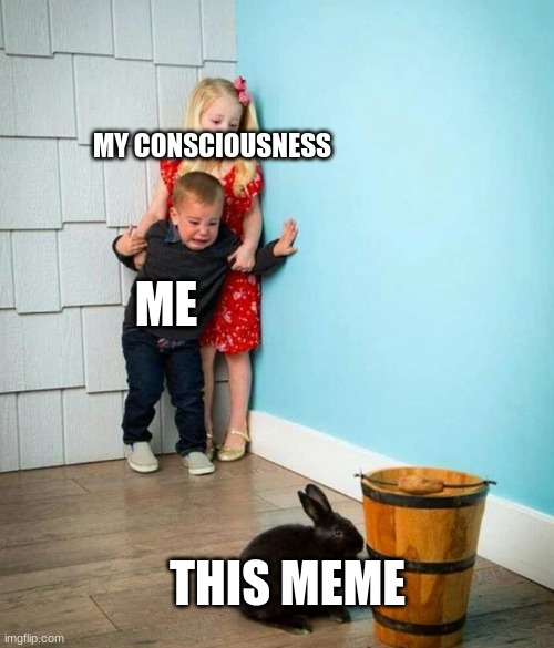 Children scared of rabbit | MY CONSCIOUSNESS ME THIS MEME | image tagged in children scared of rabbit | made w/ Imgflip meme maker