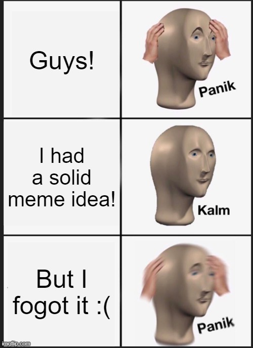 My head is stupid sometimes | Guys! I had a solid meme idea! But I fogot it :( | image tagged in memes,panik kalm panik | made w/ Imgflip meme maker