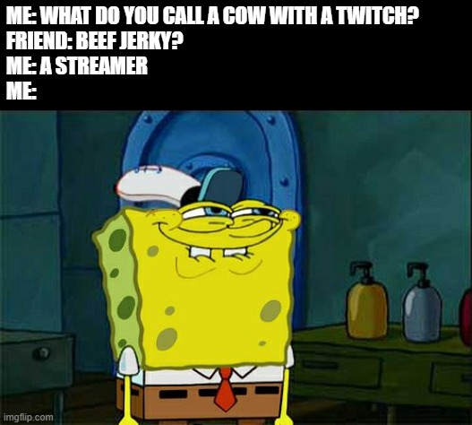 Don't You Squidward Meme | ME: WHAT DO YOU CALL A COW WITH A TWITCH?
FRIEND: BEEF JERKY?
ME: A STREAMER 
ME: | image tagged in memes,don't you squidward | made w/ Imgflip meme maker