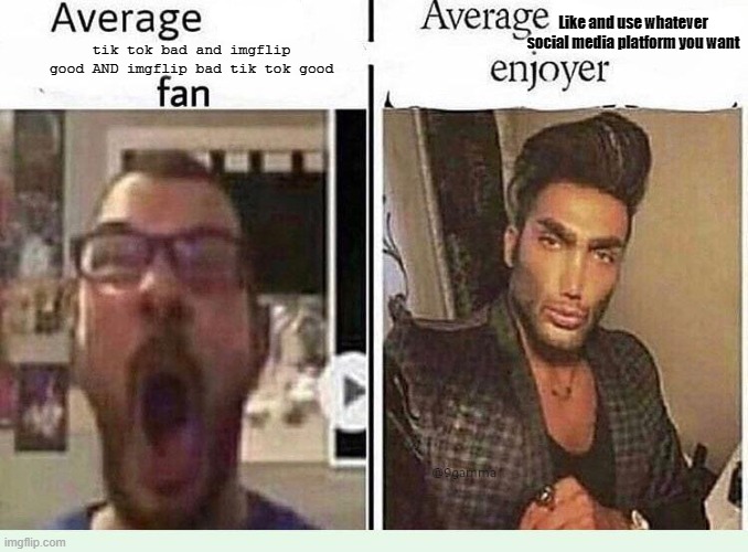 :/ | Like and use whatever social media platform you want; tik tok bad and imgflip good AND imgflip bad tik tok good | image tagged in average blank fan vs average blank enjoyer | made w/ Imgflip meme maker