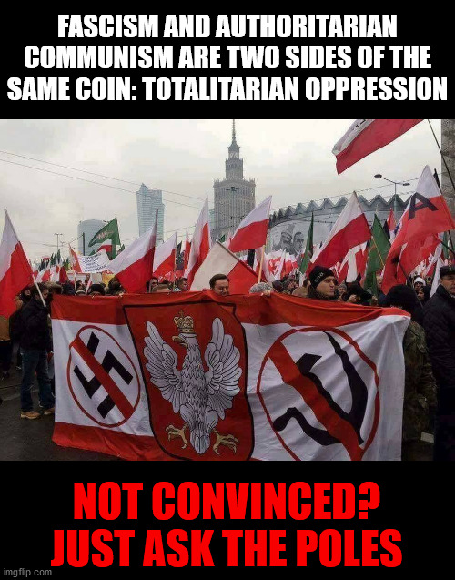 Poland knows a thing or two about the brutality promoted by both of these horrific ideologies | FASCISM AND AUTHORITARIAN COMMUNISM ARE TWO SIDES OF THE SAME COIN: TOTALITARIAN OPPRESSION; NOT CONVINCED? JUST ASK THE POLES | image tagged in no to communism and nazism,fascism,communism,poland,history,politics | made w/ Imgflip meme maker