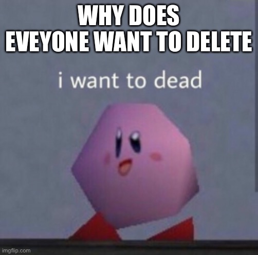 ;-; | WHY DOES EVERYONE  WANT TO DELETE | image tagged in kirby wants dead | made w/ Imgflip meme maker
