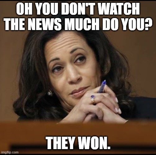 Kamala Harris  | OH YOU DON'T WATCH THE NEWS MUCH DO YOU? THEY WON. | image tagged in kamala harris | made w/ Imgflip meme maker