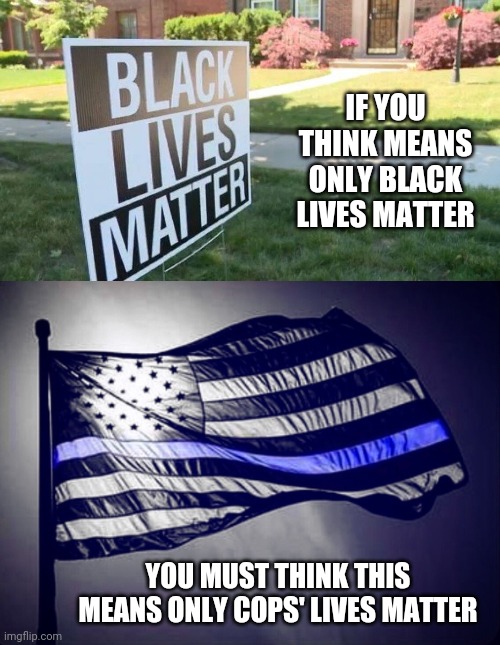 IF YOU THINK MEANS ONLY BLACK LIVES MATTER; YOU MUST THINK THIS MEANS ONLY COPS' LIVES MATTER | image tagged in black lives matter yardsign,blue lives matter | made w/ Imgflip meme maker