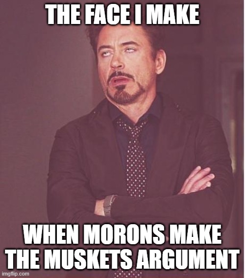 Face You Make Robert Downey Jr Meme | THE FACE I MAKE WHEN MORONS MAKE THE MUSKETS ARGUMENT | image tagged in memes,face you make robert downey jr | made w/ Imgflip meme maker