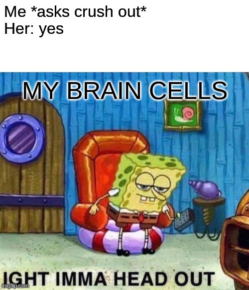 yes or no | Me *asks crush out*
Her: yes; MY BRAIN CELLS | image tagged in memes,spongebob ight imma head out | made w/ Imgflip meme maker