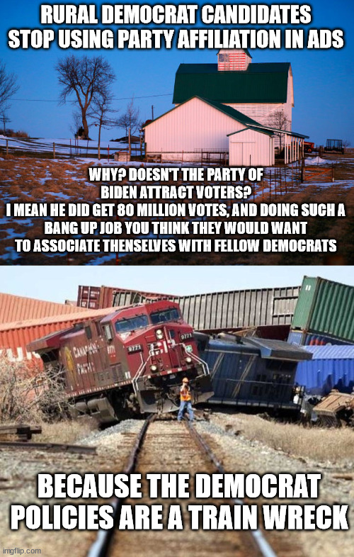 Democrat Train Wreck | RURAL DEMOCRAT CANDIDATES STOP USING PARTY AFFILIATION IN ADS; WHY? DOESN'T THE PARTY OF BIDEN ATTRACT VOTERS?
I MEAN HE DID GET 80 MILLION VOTES, AND DOING SUCH A BANG UP JOB YOU THINK THEY WOULD WANT TO ASSOCIATE THENSELVES WITH FELLOW DEMOCRATS; BECAUSE THE DEMOCRAT POLICIES ARE A TRAIN WRECK | image tagged in trainwreck | made w/ Imgflip meme maker