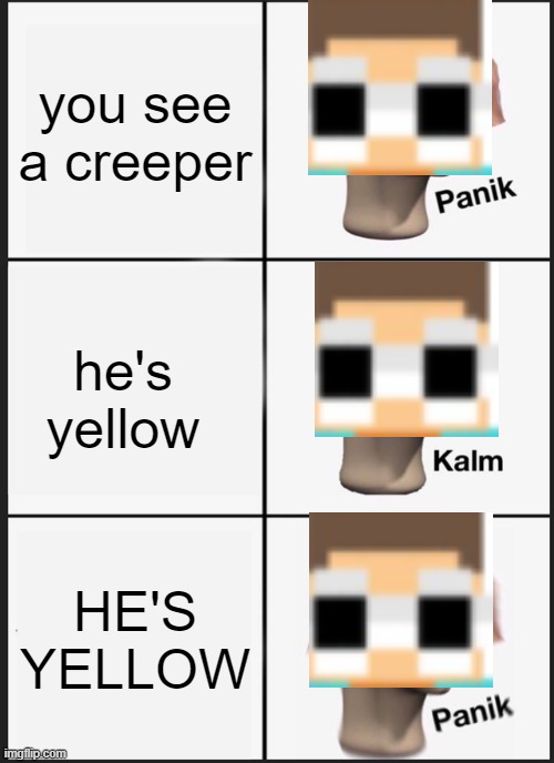 gogy | you see a creeper; he's yellow; HE'S YELLOW | image tagged in memes,panik kalm panik | made w/ Imgflip meme maker