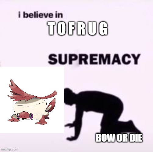 Praise tofrug |  T O F R U G; BOW OR DIE | image tagged in i believe in supremacy | made w/ Imgflip meme maker