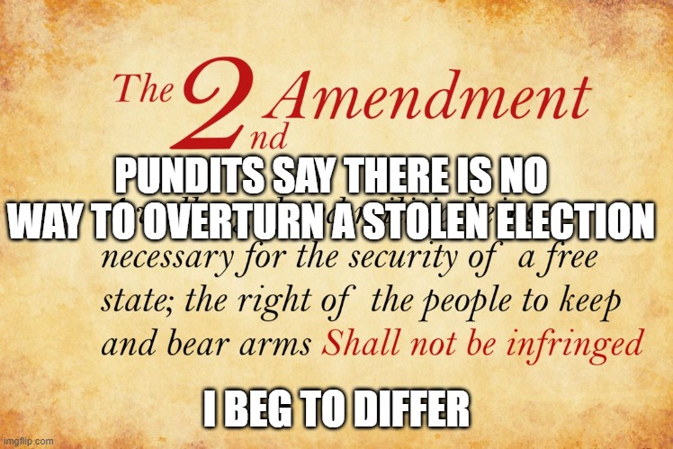 This is what it's for, not hunting | PUNDITS SAY THERE IS NO WAY TO OVERTURN A STOLEN ELECTION; I BEG TO DIFFER | image tagged in 2nd amendment | made w/ Imgflip meme maker