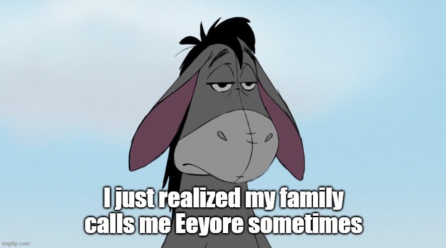 eeyore | I just realized my family calls me Eeyore sometimes | image tagged in eeyore | made w/ Imgflip meme maker