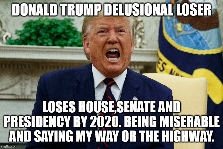 The loser of 2021 | DONALD TRUMP DELUSIONAL LOSER; LOSES HOUSE,SENATE AND PRESIDENCY BY 2020. BEING MISERABLE AND SAYING MY WAY OR THE HIGHWAY. | image tagged in donald trump,republican party,trump 2020,election 2020 | made w/ Imgflip meme maker