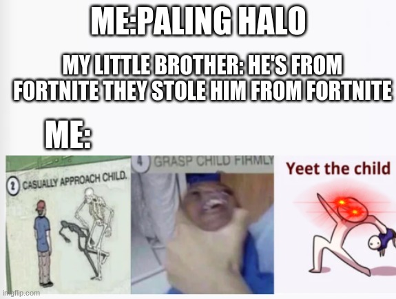 bye bye | ME:PALING HALO; MY LITTLE BROTHER: HE'S FROM FORTNITE THEY STOLE HIM FROM FORTNITE; ME: | image tagged in casually approach child grasp child firmly yeet the child,halo | made w/ Imgflip meme maker