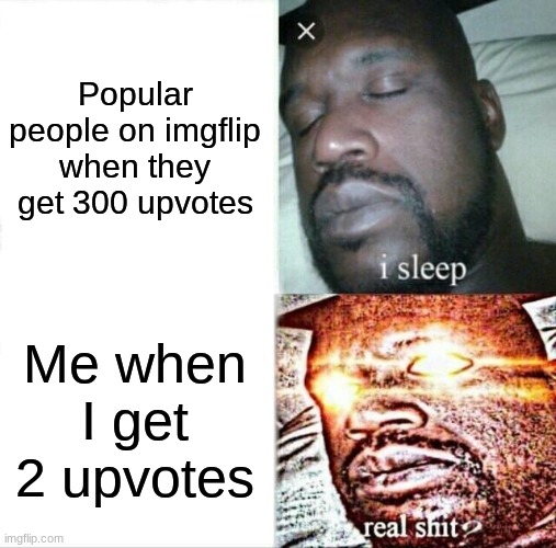 Sleeping Shaq Meme | Popular people on imgflip when they get 300 upvotes; Me when I get 2 upvotes | image tagged in memes,sleeping shaq | made w/ Imgflip meme maker