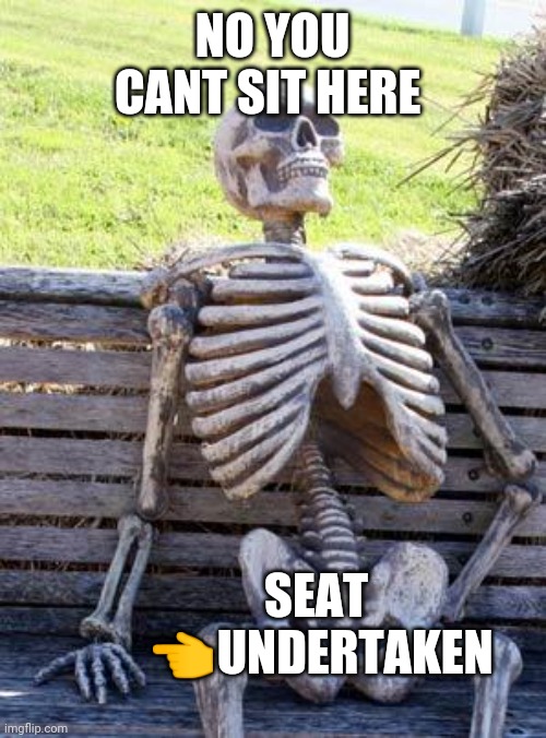 no you cant sit here | NO YOU CANT SIT HERE; SEAT 
👈UNDERTAKEN | image tagged in memes,waiting skeleton | made w/ Imgflip meme maker