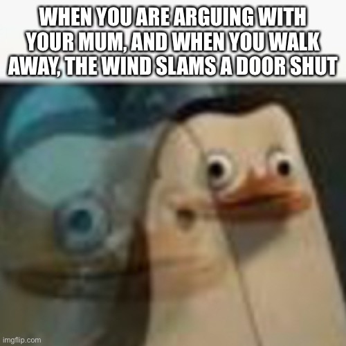 Instant fear | WHEN YOU ARE ARGUING WITH YOUR MUM, AND WHEN YOU WALK AWAY, THE WIND SLAMS A DOOR SHUT | image tagged in penguin | made w/ Imgflip meme maker