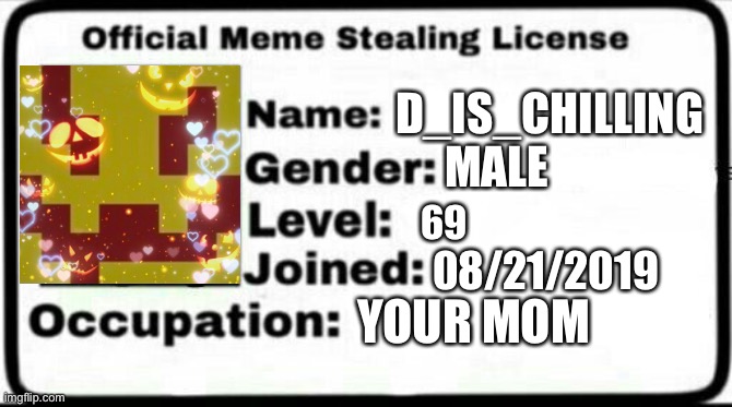 Good | D_IS_CHILLING; MALE; 69; 08/21/2019; YOUR MOM | image tagged in meme stealing license | made w/ Imgflip meme maker