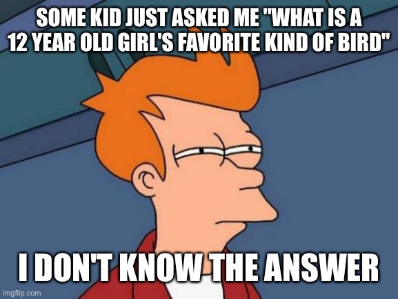 Futurama Fry | SOME KID JUST ASKED ME "WHAT IS A 12 YEAR OLD GIRL'S FAVORITE KIND OF BIRD"; I DON'T KNOW THE ANSWER | image tagged in memes,futurama fry | made w/ Imgflip meme maker